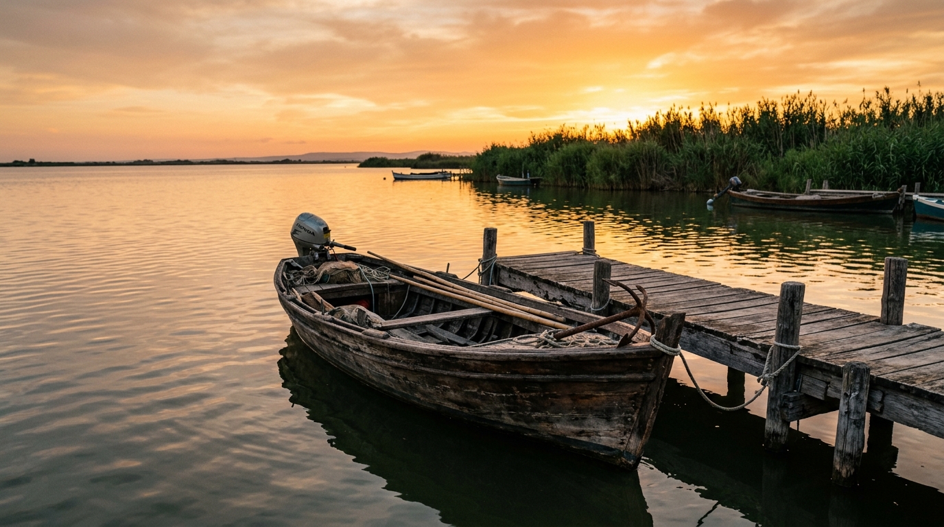 Atardecer real en el embarcadero de L Albufera de Valencia con reflejos en el agua