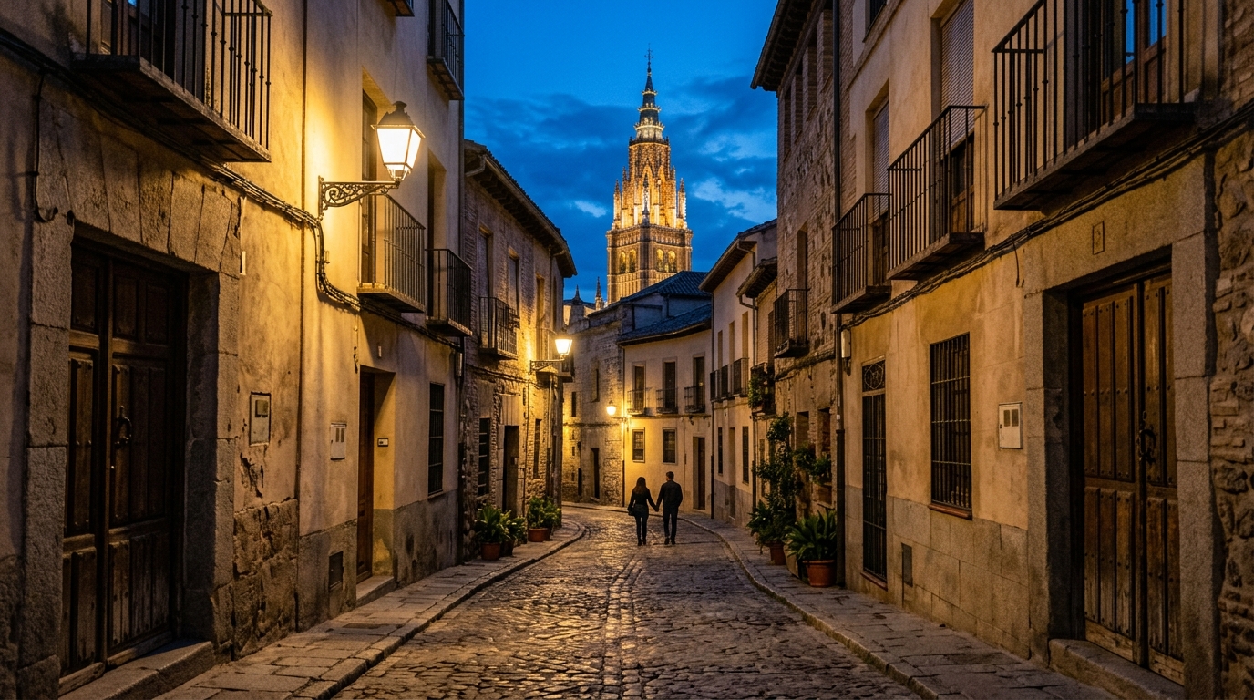 Vista nocturna real del casco histórico de Toledo iluminado y el río Tajo al anochecer