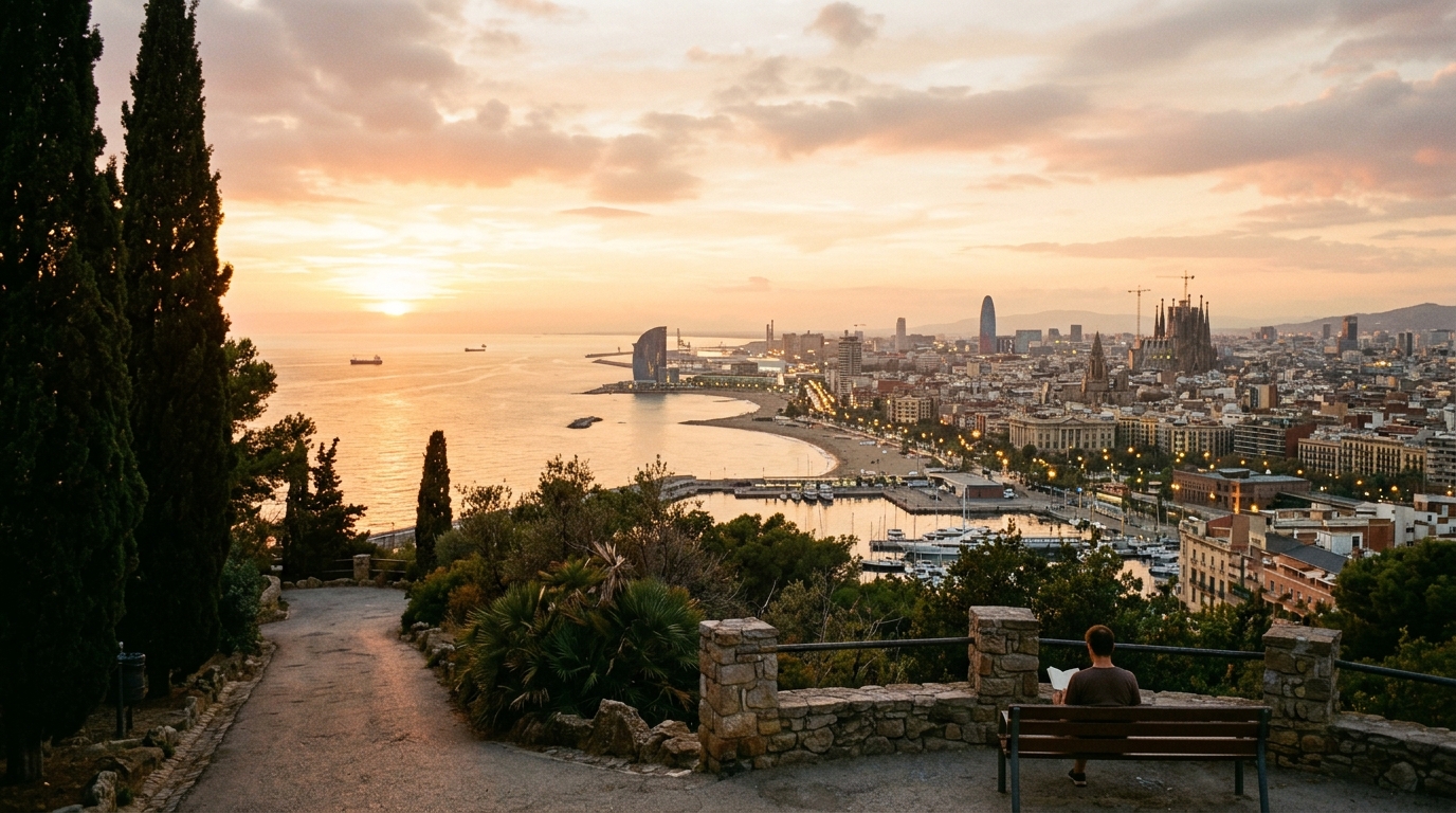 Vista panorámica real de Barcelona y el mar Mediterráneo al atardecer desde los Bunkers del Carmel