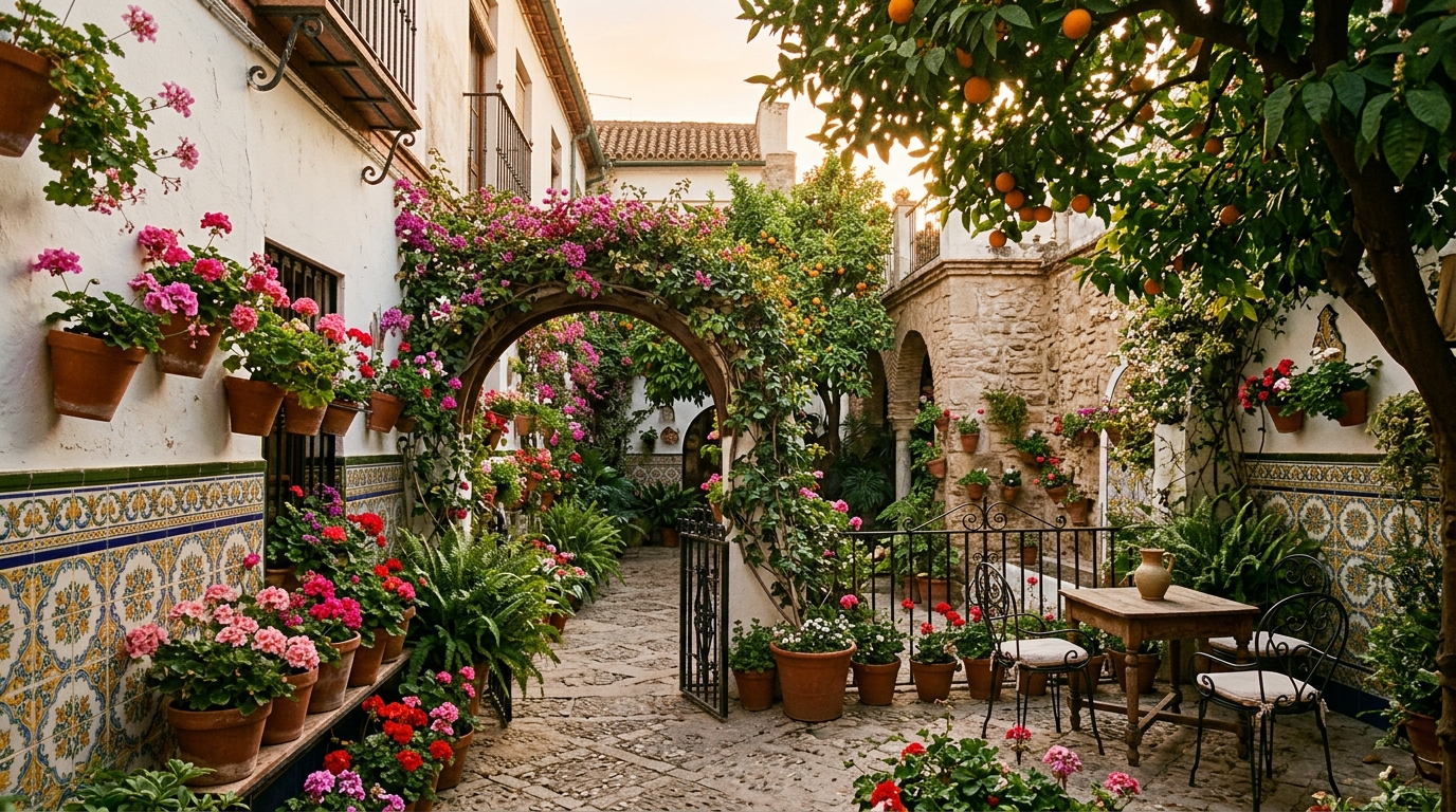 Patio de Banderas con naranjos y fuente en el Barrio de Santa Cruz de Sevilla