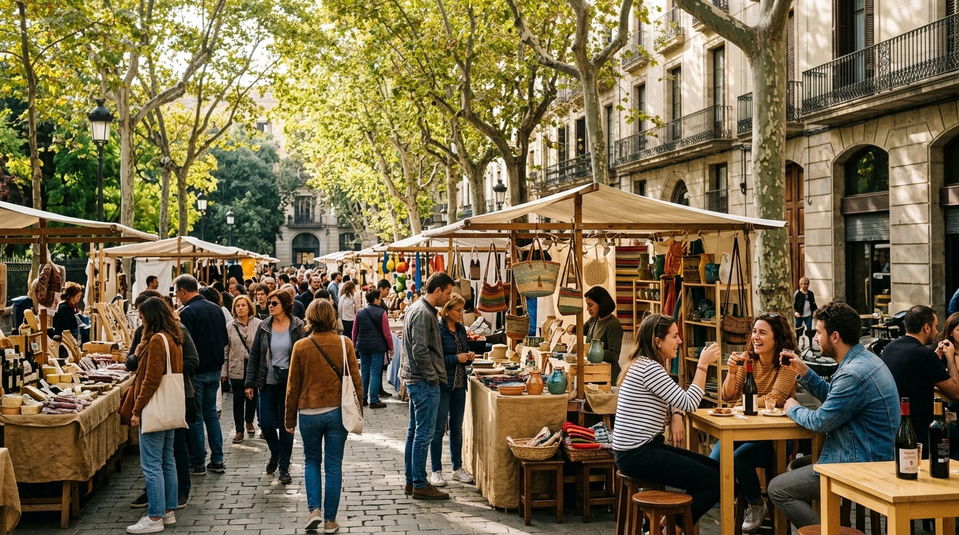 Mercado de artesanía y gastronomía al aire libre en el paseo arbolado del Born y la Ciutadella en Barcelona