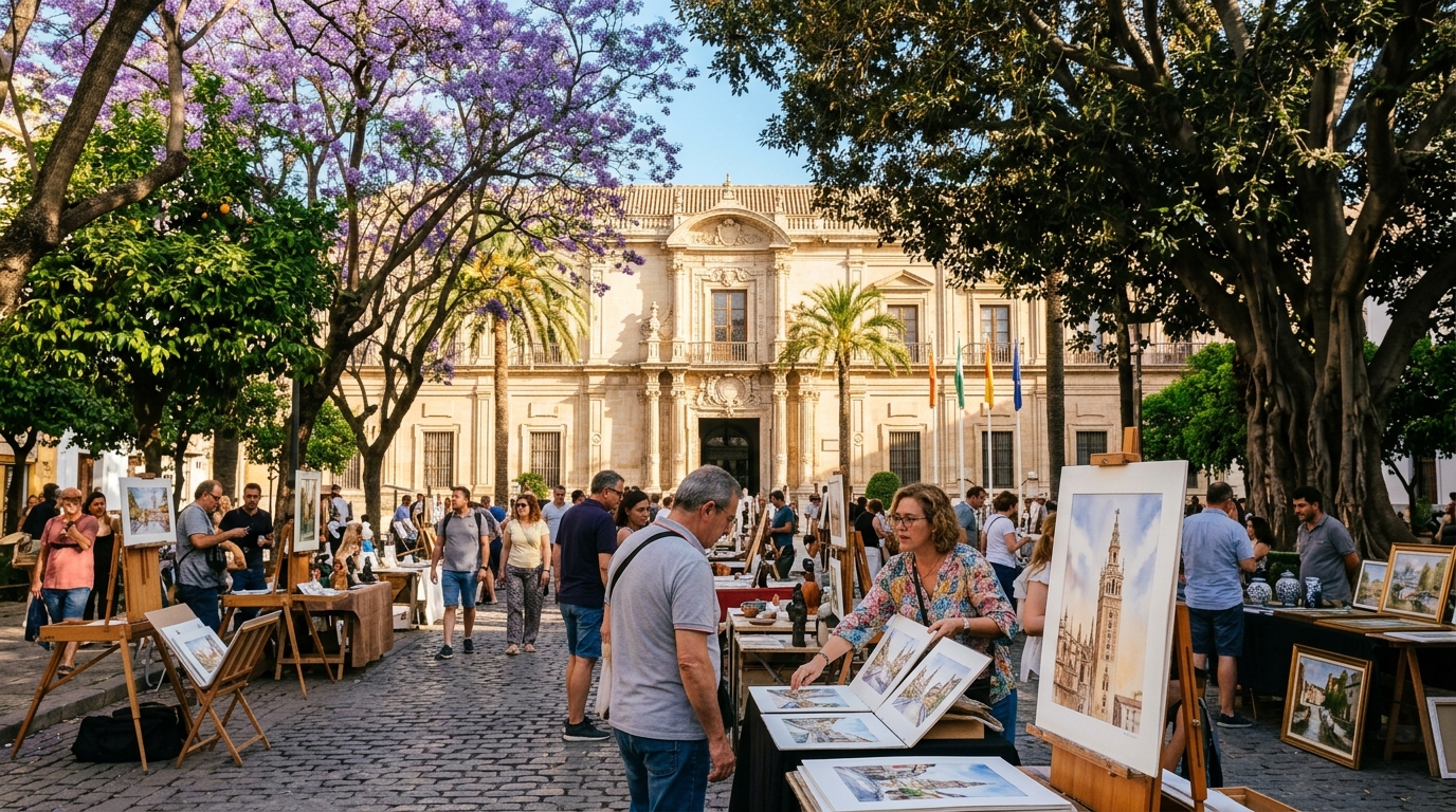 Mercadillo dominical de arte y acuarelas bajo los árboles de la Plaza del Museo frente al Museo de Bellas Artes de Sevilla