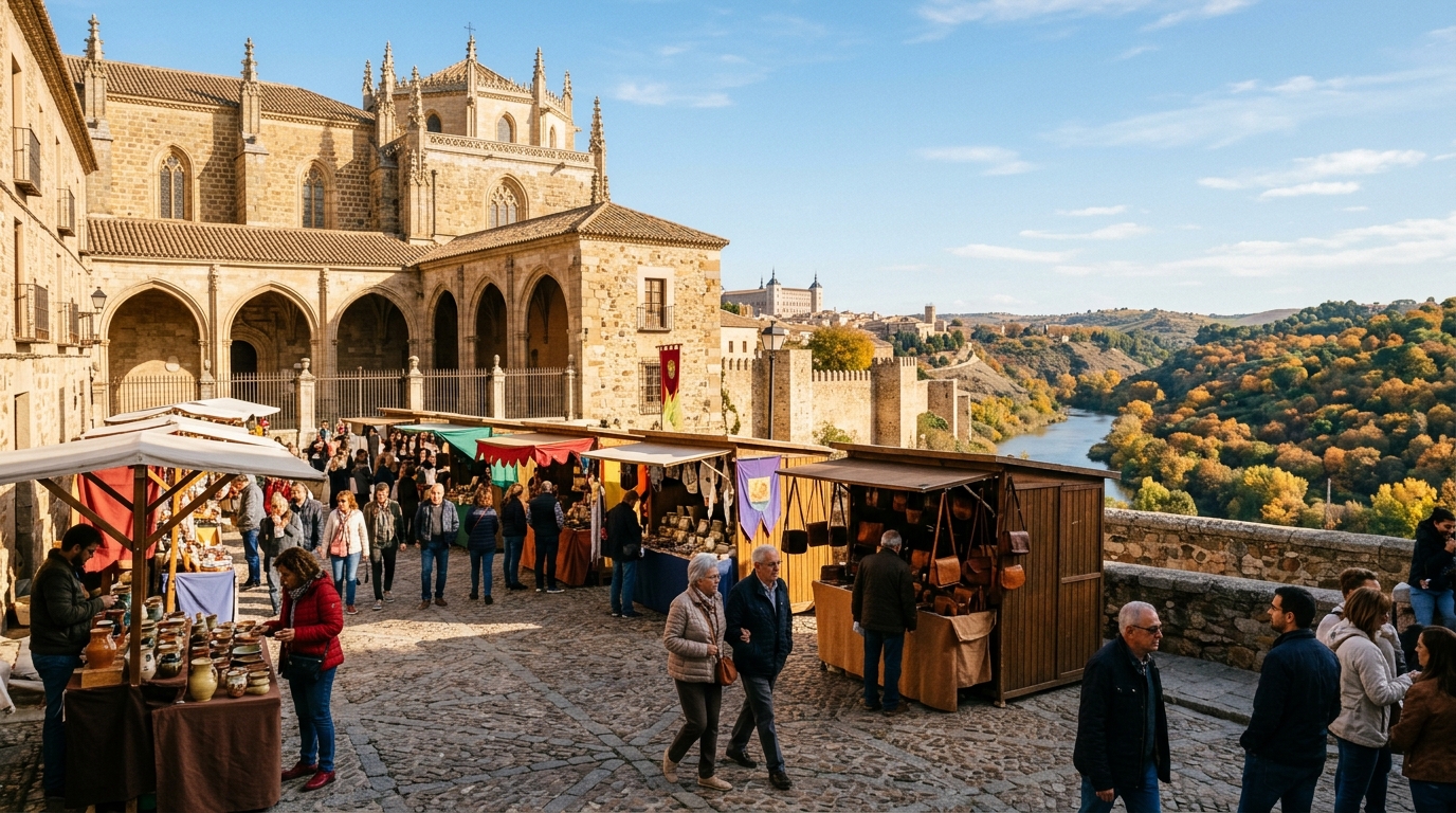 Puestos de artesanía tradicional al sol de otoño junto al Monasterio de San Juan de los Reyes en Toledo con vistas al valle del Tajo