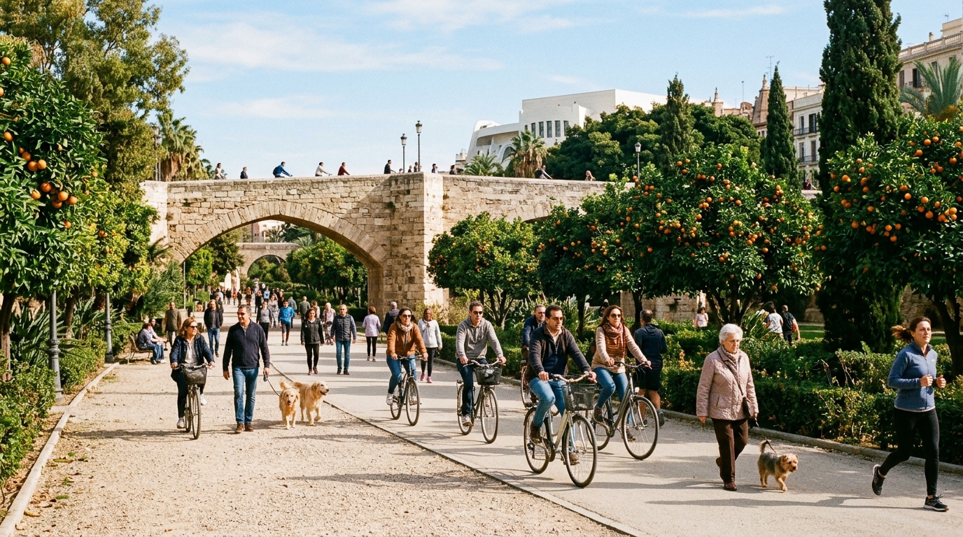 Paseo soleado de fin de semana entre naranjos y puentes de piedra históricos en el Jardín del Turia de Valencia