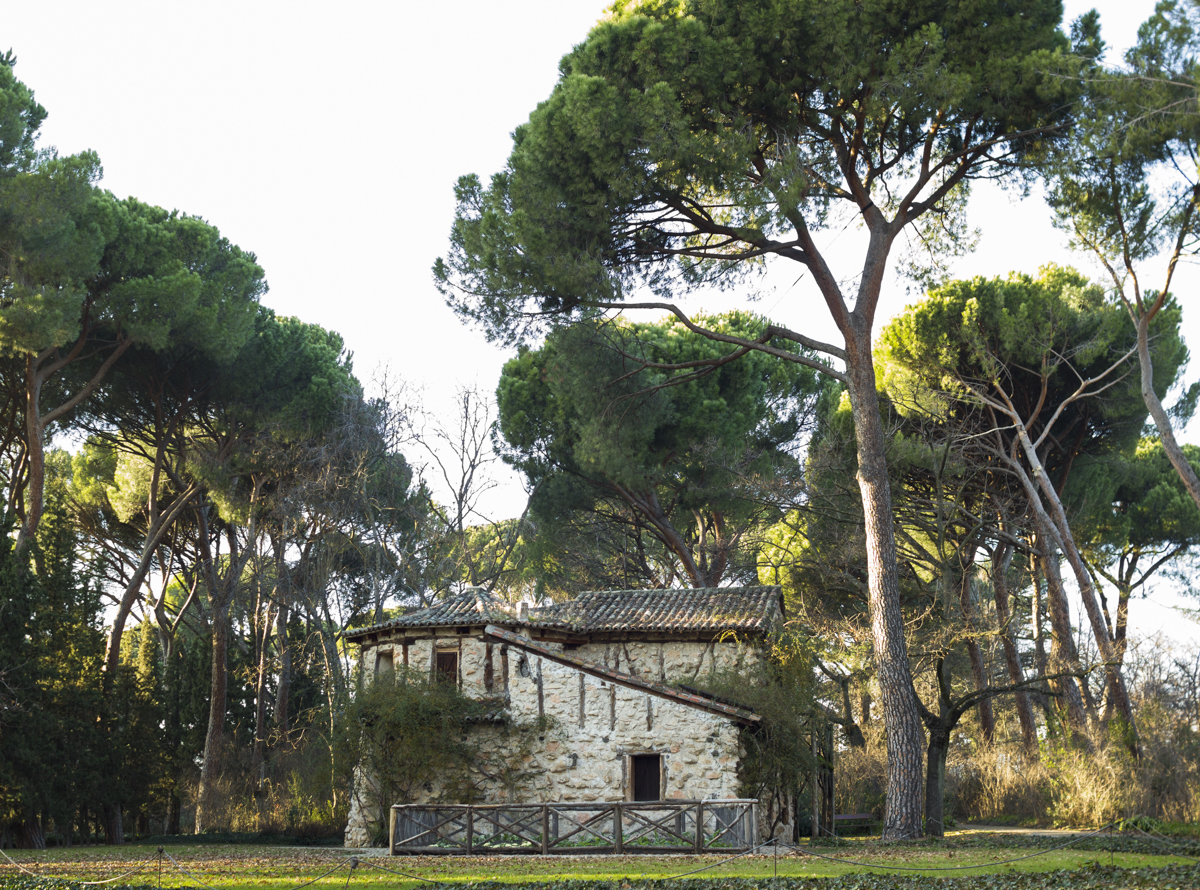 La histórica Casa de la Vieja rodeada de pinos piñoneros centenarios dentro del Parque de El Capricho
