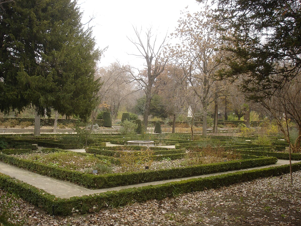 Parterres neoclásicos y hojas de otoño en el Real Jardín Botánico de Madrid